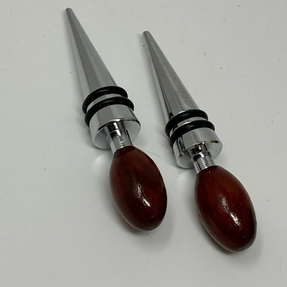 Set of Two Wine Bottle Stoppers Oval Olive Shaped Wood Finials Silver Tone